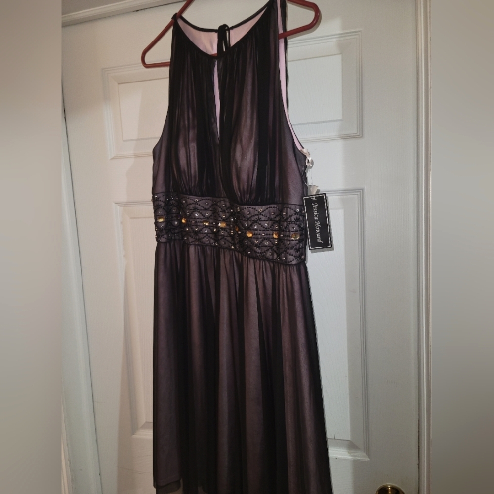 Elegant Pink And Black Dress with Embellished Waist